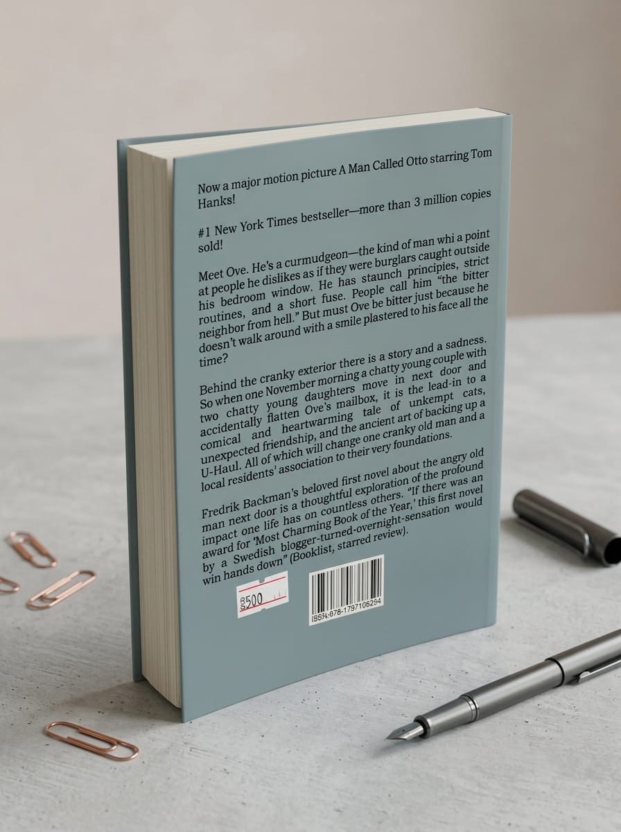 "Back cover of A Man Called Ove showing synopsis about grumpy neighbor Ove and the young couple who move in next door, mentions major motion picture A Man Called Otto starring Tom Hanks, #1 New York Times bestseller with 3 million copies sold, light blue background, ISBN barcode, price tag $5.00, placed on a desk with rose gold paper clips and fountain pen"