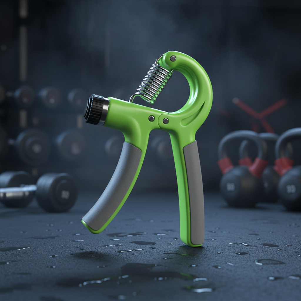 "Adjustable hand grip strengthener with lime green ergonomic frame and grey non-slip handles featuring chrome metal spring and black resistance adjustment dial, displayed on wet gym floor with kettlebells and dumbbells in background"