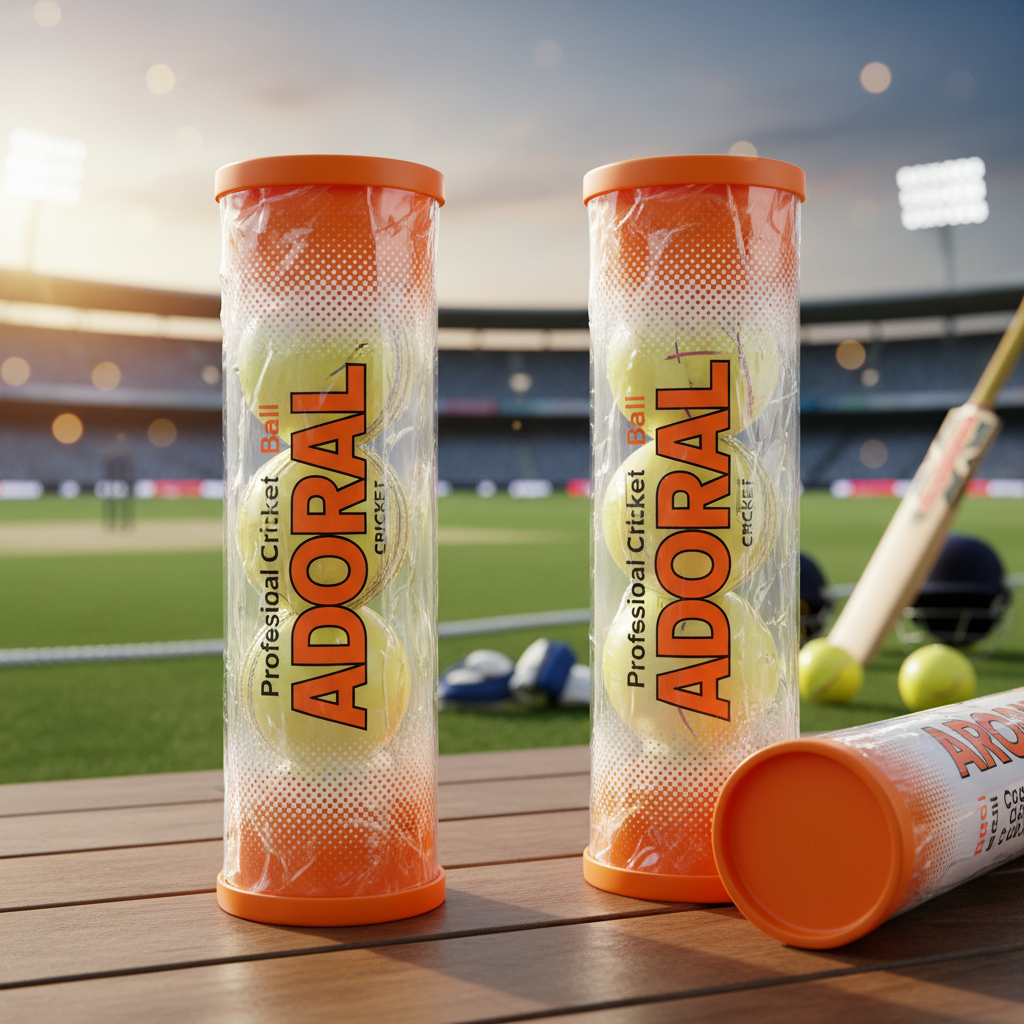 "Adoral Professional Cricket Tennis Balls tube packaging with three bright yellow balls inside, orange lid and branding, displayed on cricket pitch bench with stadium stumps and equipment in background, sunlight flare highlighting the tube"