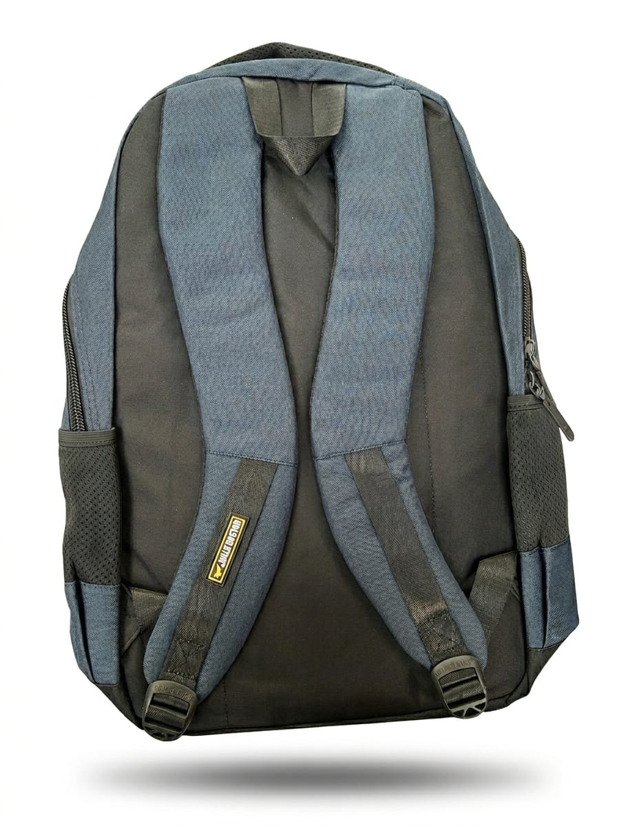 "Back view of color-block backpack showing padded blue-gray shoulder straps with adjustable black buckles, breathable mesh ventilation panel, mesh side pockets, and yellow Mustang brand tag on strap against white background"
