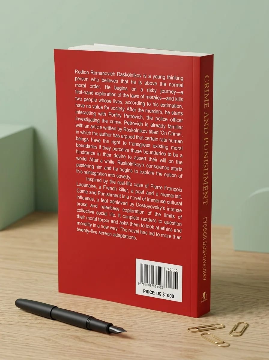 Red book titled 'Crime and Punishment' on a wooden surface with a pen and keys.