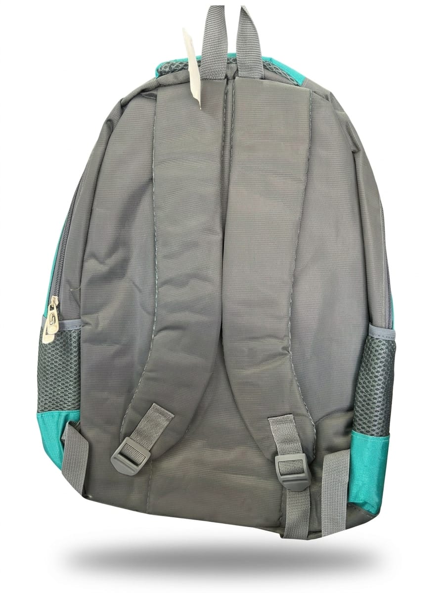 "Back view of teal and gray Fashion Sport backpack showing padded adjustable shoulder straps with gray plastic buckles, reinforced back panel, side mesh pockets, and top carry handle on white background"