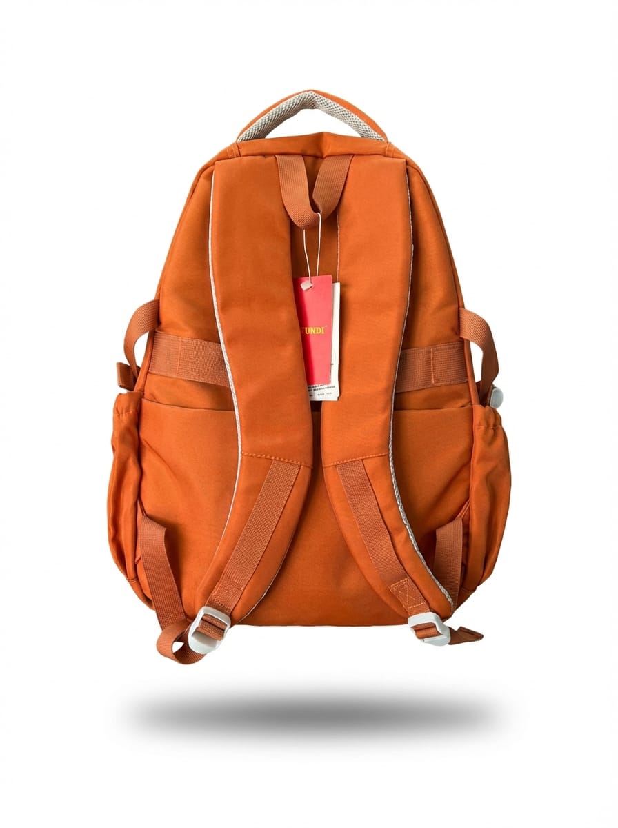 Back view: "Back view of orange backpack showing padded adjustable shoulder straps with cream trim and reinforced stitching"