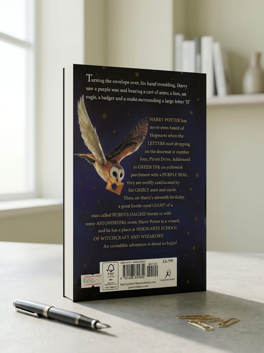 "Back cover of Harry Potter and the Philosopher's Stone by J.K. Rowling featuring a flying owl carrying a letter, synopsis text about Harry's eleventh birthday and Hogwarts acceptance, Bloomsbury publisher logo, ISBN barcode, and price stickers on a desk with a fountain pen and gold paper clips"