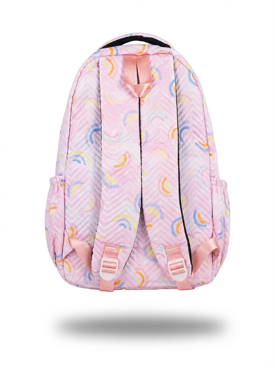 Pink backpack with rainbow patterns on a white background