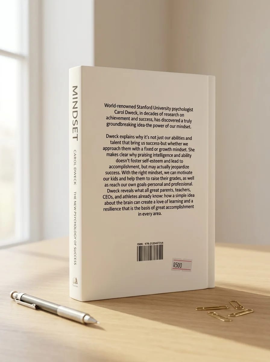 Book titled 'MINDSET' on a wooden surface with a neutral background