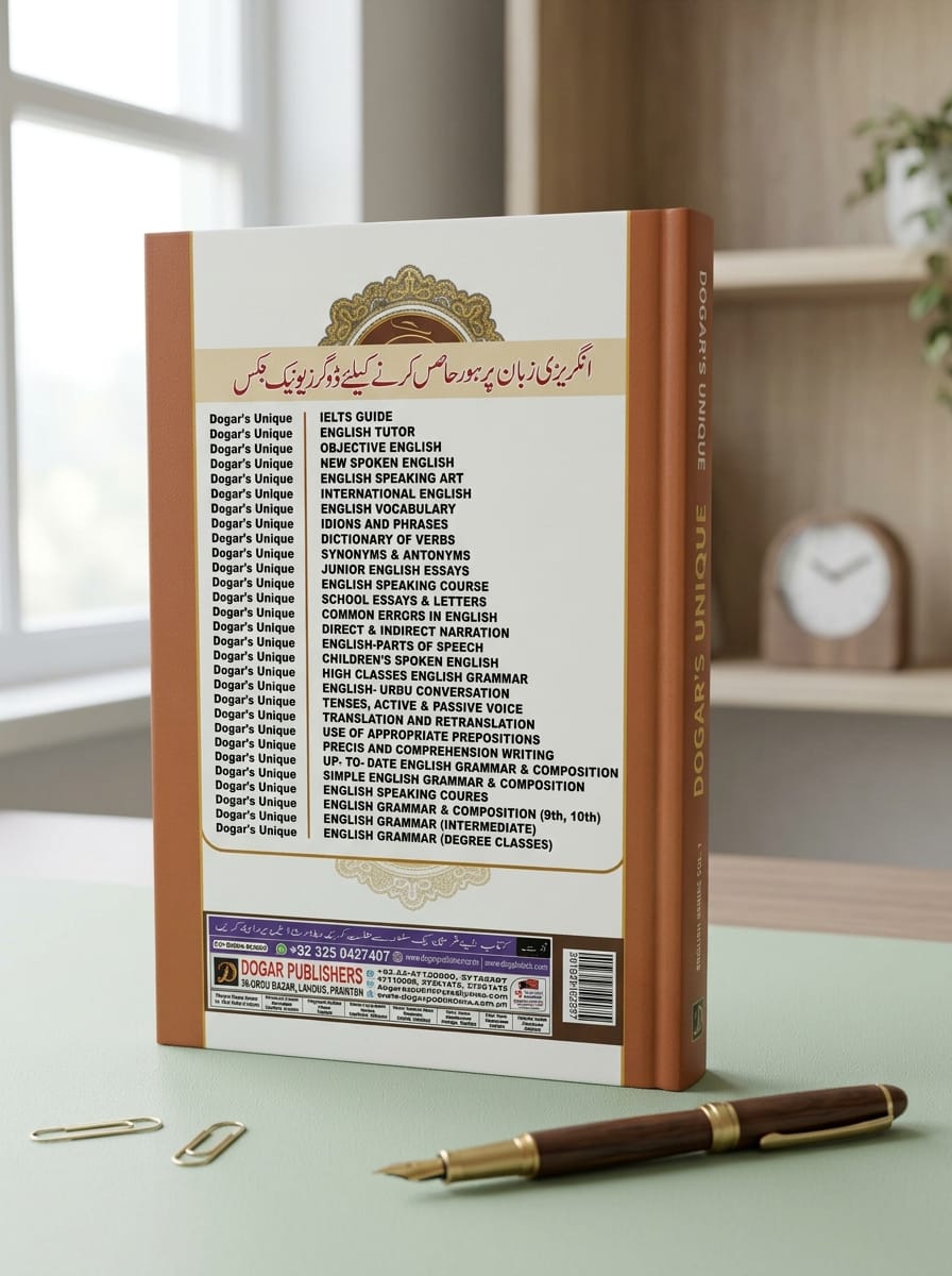 "Back cover of New Spoken English book showing complete contents list including IELTS guide, English grammar, vocabulary, essays, speaking course by Dogar's Unique, brown and white design with decorative elements"