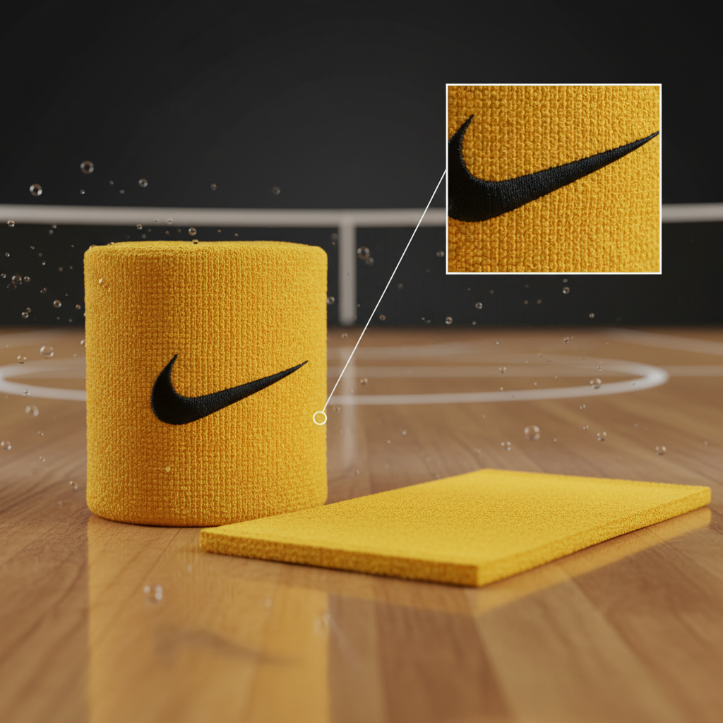 "Nike Swoosh wristbands 2-pack in golden yellow terry cloth with black embroidered logo, one rolled and one flat displayed on basketball court floor with detail inset showing close-up of Swoosh embroidery texture"