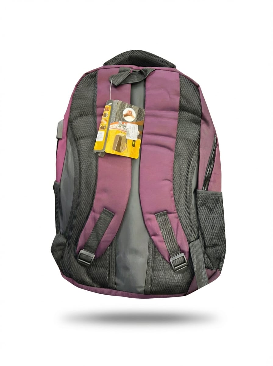 Purple and gray backpack with a tag on a white background