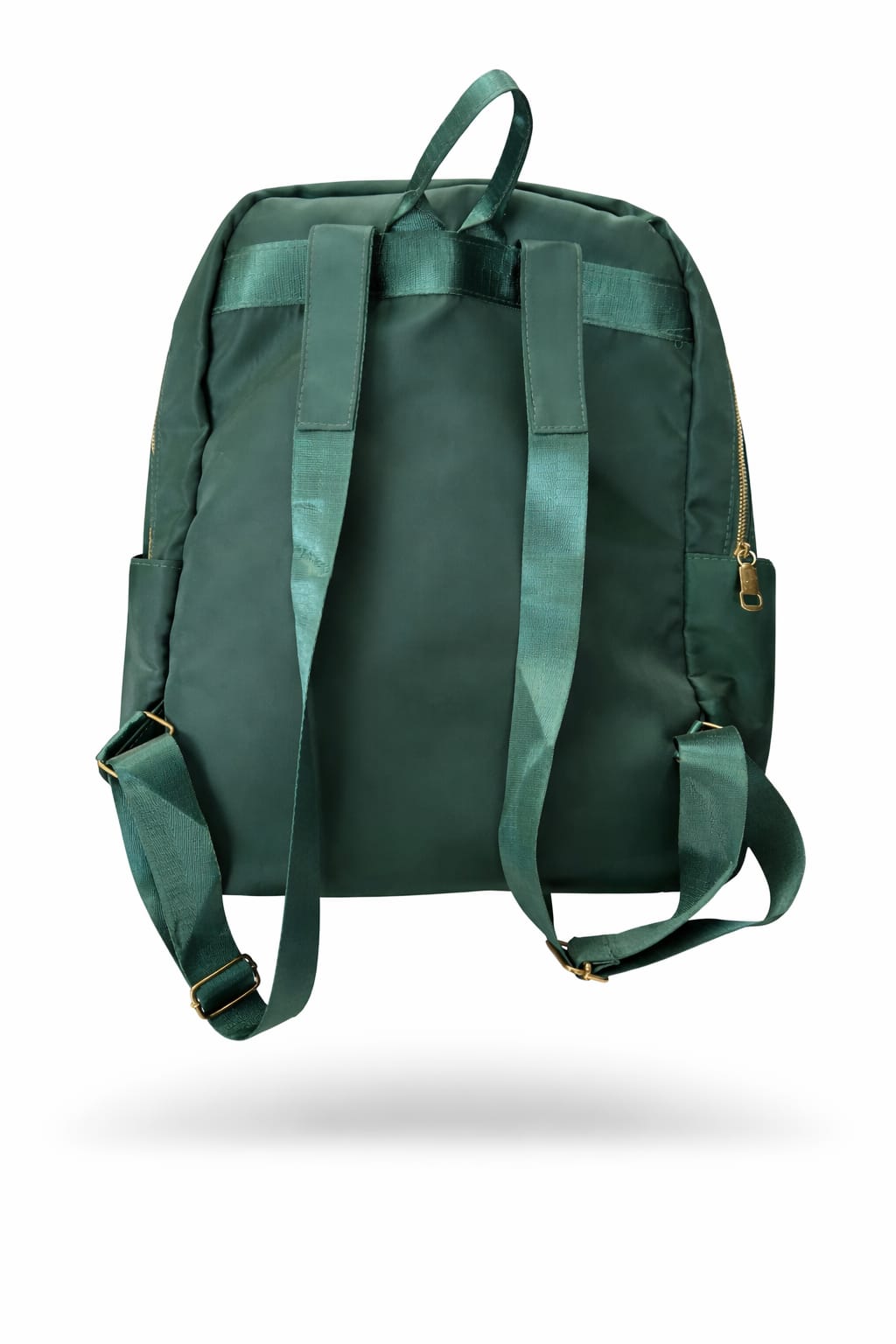 "Front view of emerald green quilted backpack featuring diamond-stitched front pocket, multiple gold-zippered compartments, side storage pockets, and premium gold hardware"