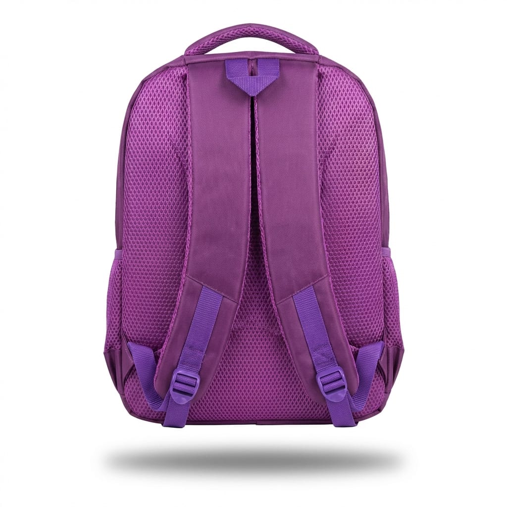 Image 1 (Back view): "Back view of purple school backpack showing breathable honeycomb mesh padding, ergonomic shoulder straps with adjustable buckles, and top handle by Malik Stationery"