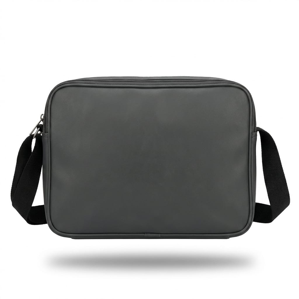 Image 1 (Plain view): "Back view of grey Swiss style messenger bag showing smooth PU leather surface and adjustable shoulder strap attachment by Malik Stationery"
