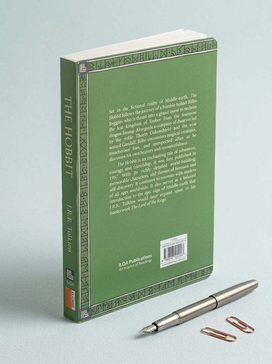 Green book titled 'The Hobbit' with a pen and paperclip on a light gray background