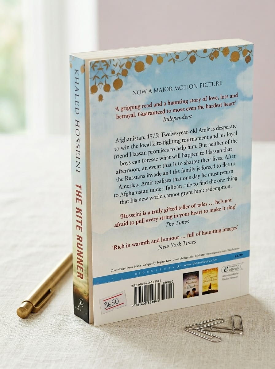 "Back cover of The Kite Runner by Khaled Hosseini showing synopsis about Amir and Hassan in Afghanistan, review quotes from The Times and Independent, and details about the major motion picture adaptation"