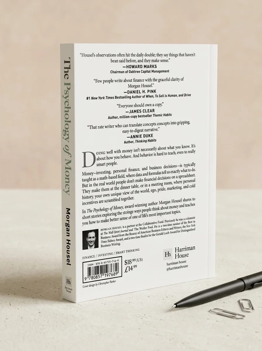 Back cover of a book titled 'The Psychology of Money' with text and a pen on a light surface.