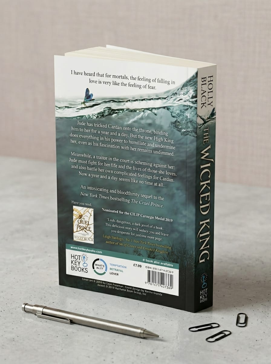 Book titled 'The Wicked King' with a pen and paper clips on a gray surface