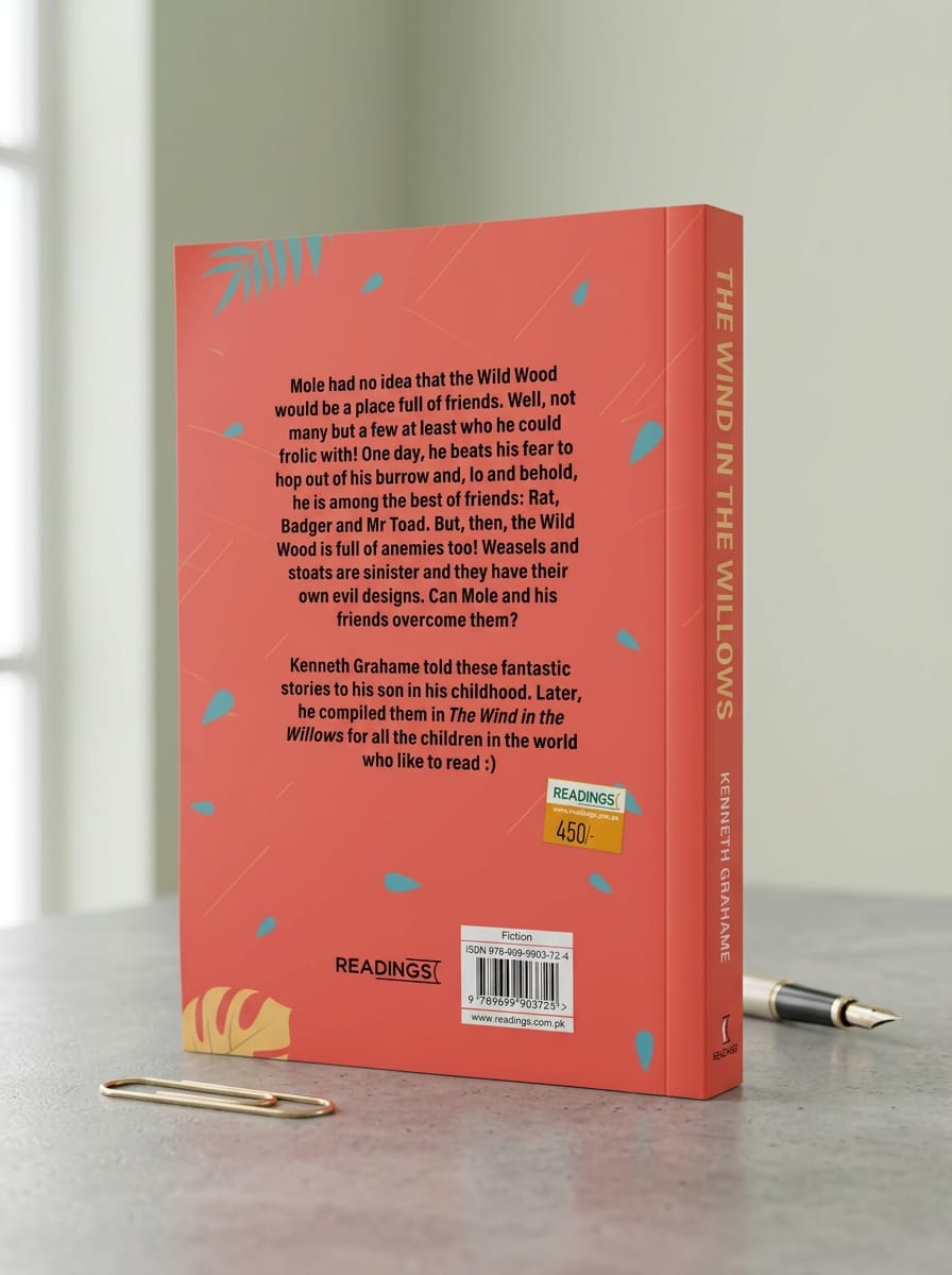 "Back cover of The Wind in the Willows by Kenneth Grahame - coral pink cover with blue leaf decorations, book summary text, Readings Classics edition with barcode and price tag on marble surface"