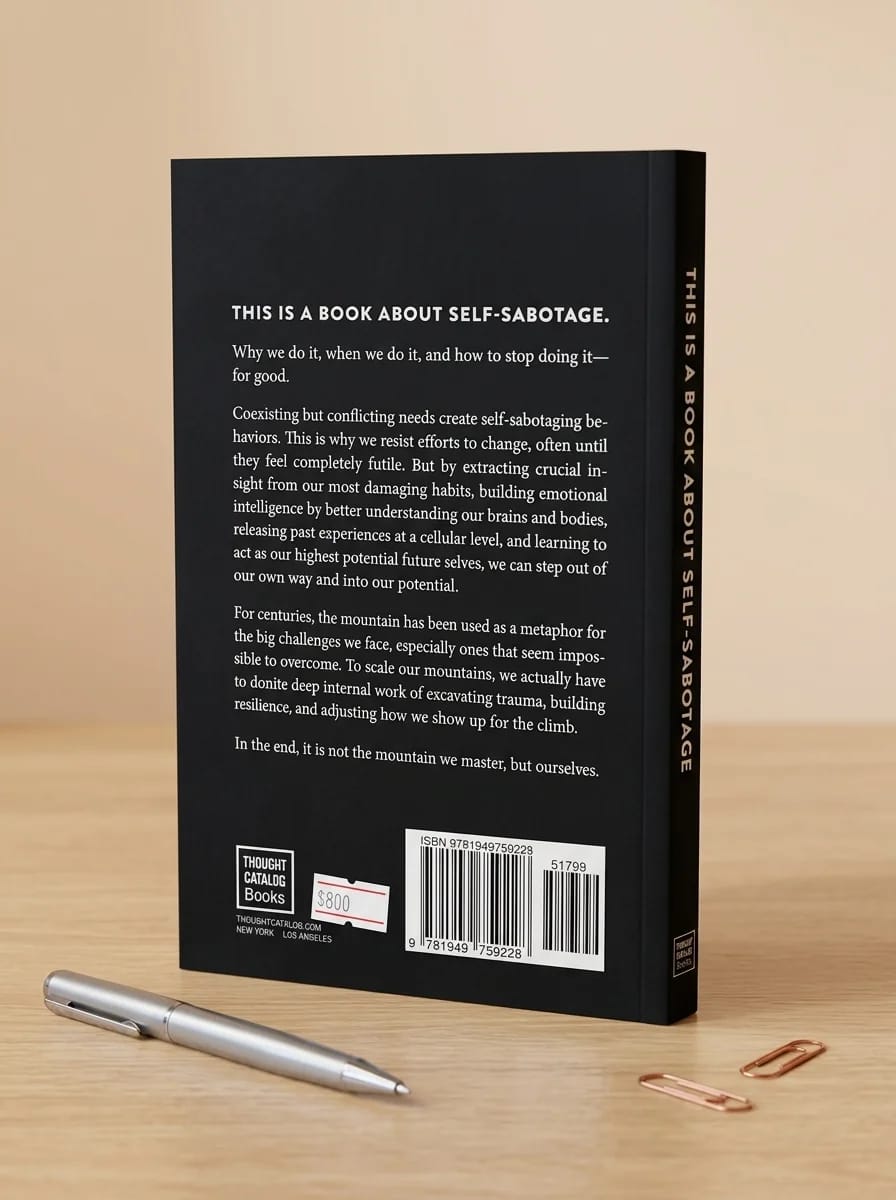 Back cover of a book titled 'This is a Book About Self-Sabotage' on a wooden surface with a pen and paper clips.