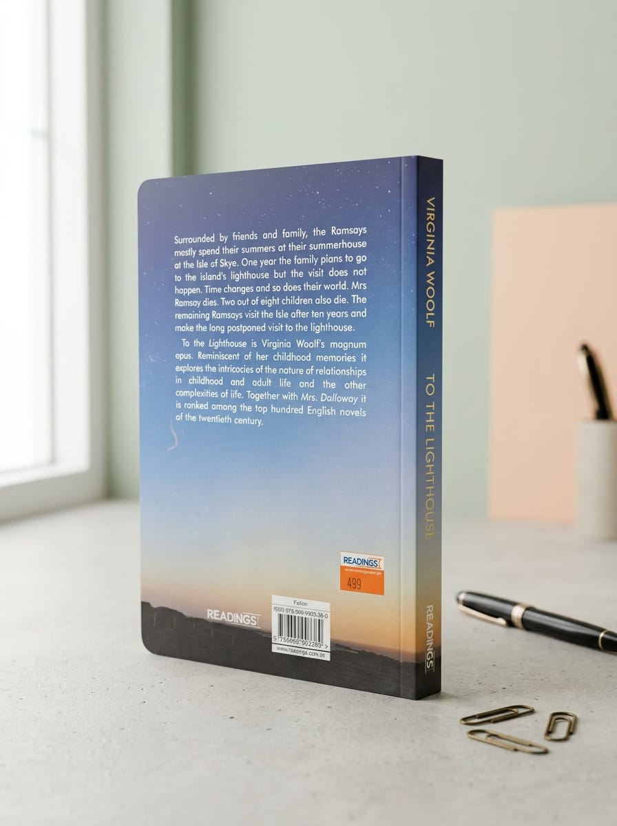 Book titled 'To the Lighthouse' by Virginia Woolf on a surface with a pen and paper clips.