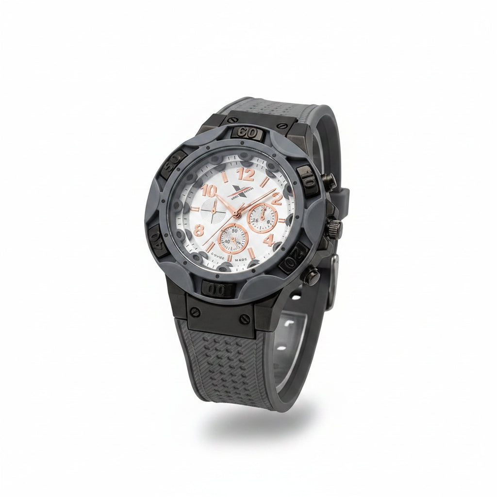 Large watch on a display stand with a blurred store background