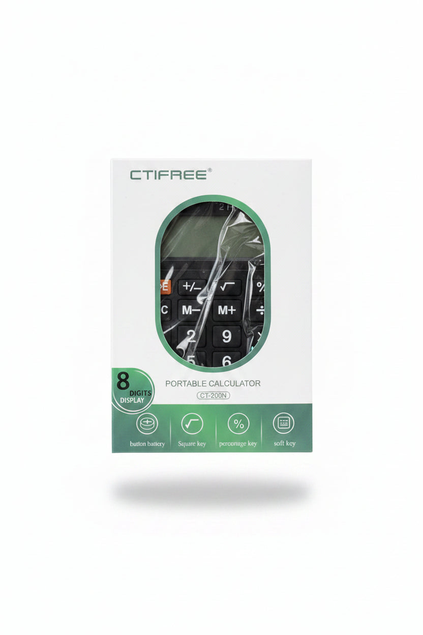 A hand holding a white box of CTIFREE portable calculator, showing the front packaging with a green oval window and an illustration of the calculator inside.