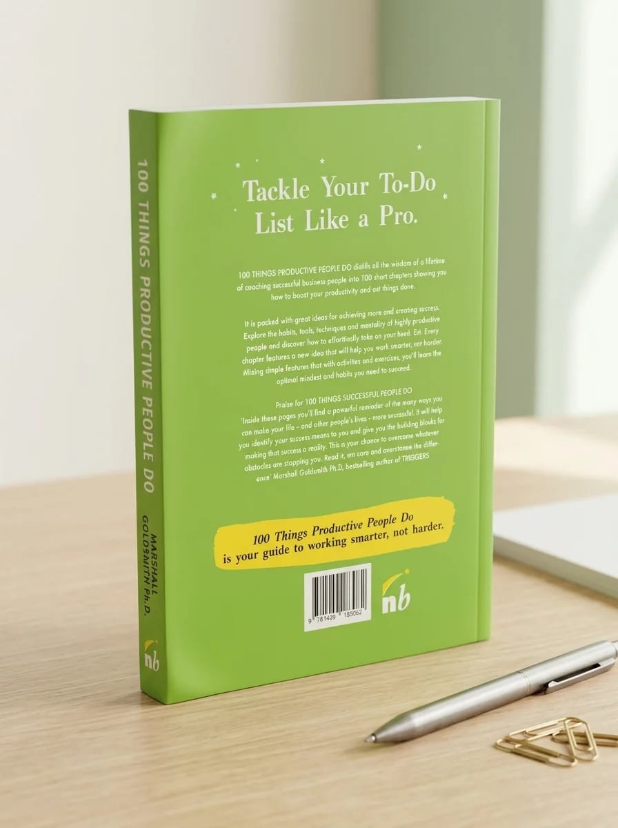 Green book titled 'Tackle Your To-Do List Like a Pro' on a wooden surface with a pen and keychain.