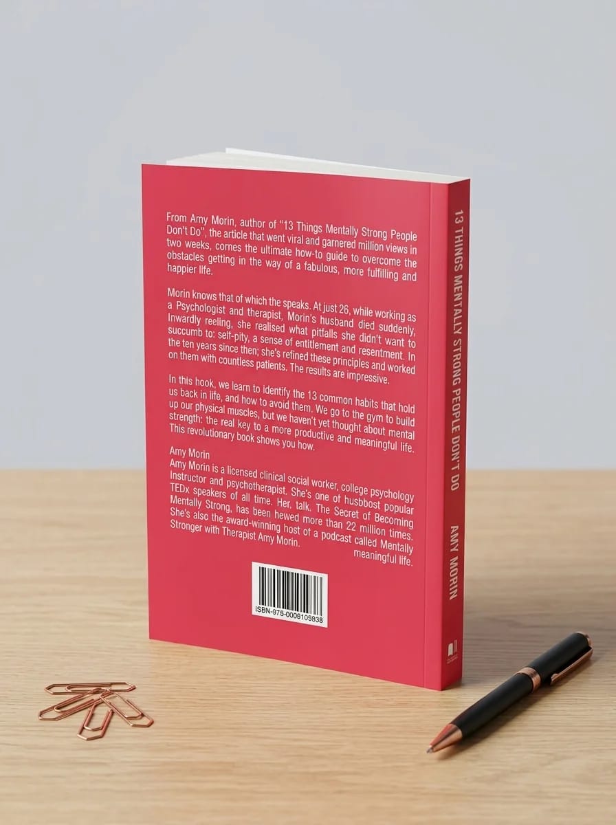 Red book with text on a wooden surface and gray background