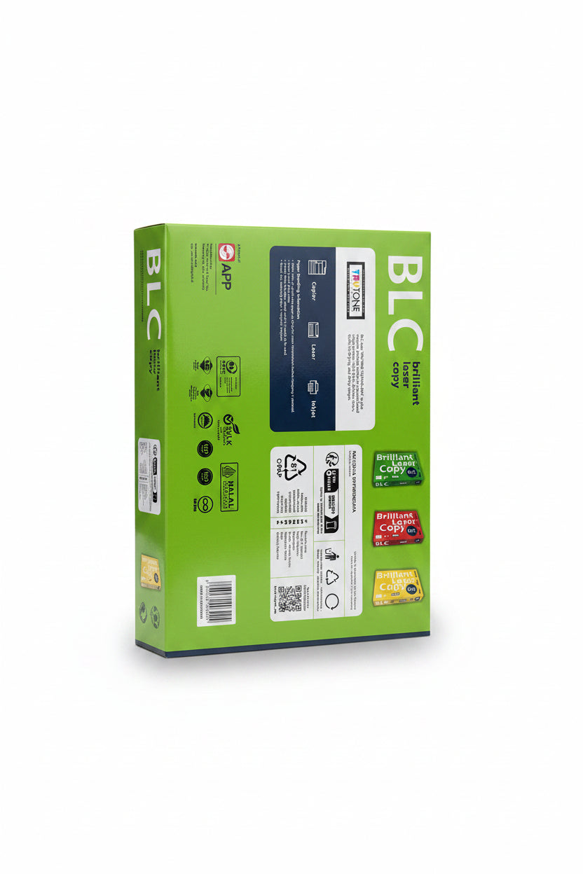 A bright green box of Brilliant Copy BLC 600 copy paper, showing product details, logos, and a barcode on a reflective surface.