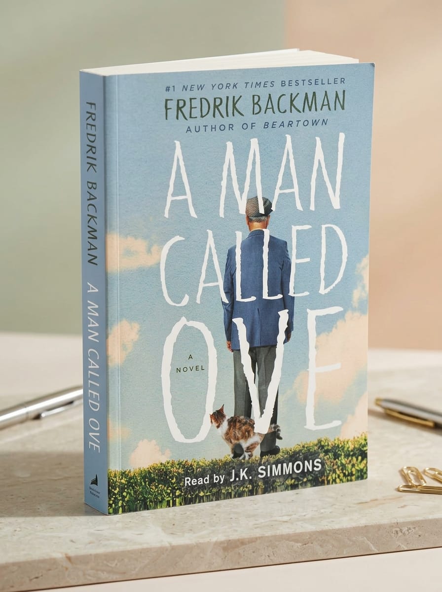 "A Man Called Ove by Fredrik Backman book cover featuring a man in blue jacket viewed from behind standing in a field with a cat, light blue sky background with white clouds, large white title text, #1 New York Times Bestseller badge, read by J.K. Simmons notation, standing on a marble surface with pens and gold paper clips"