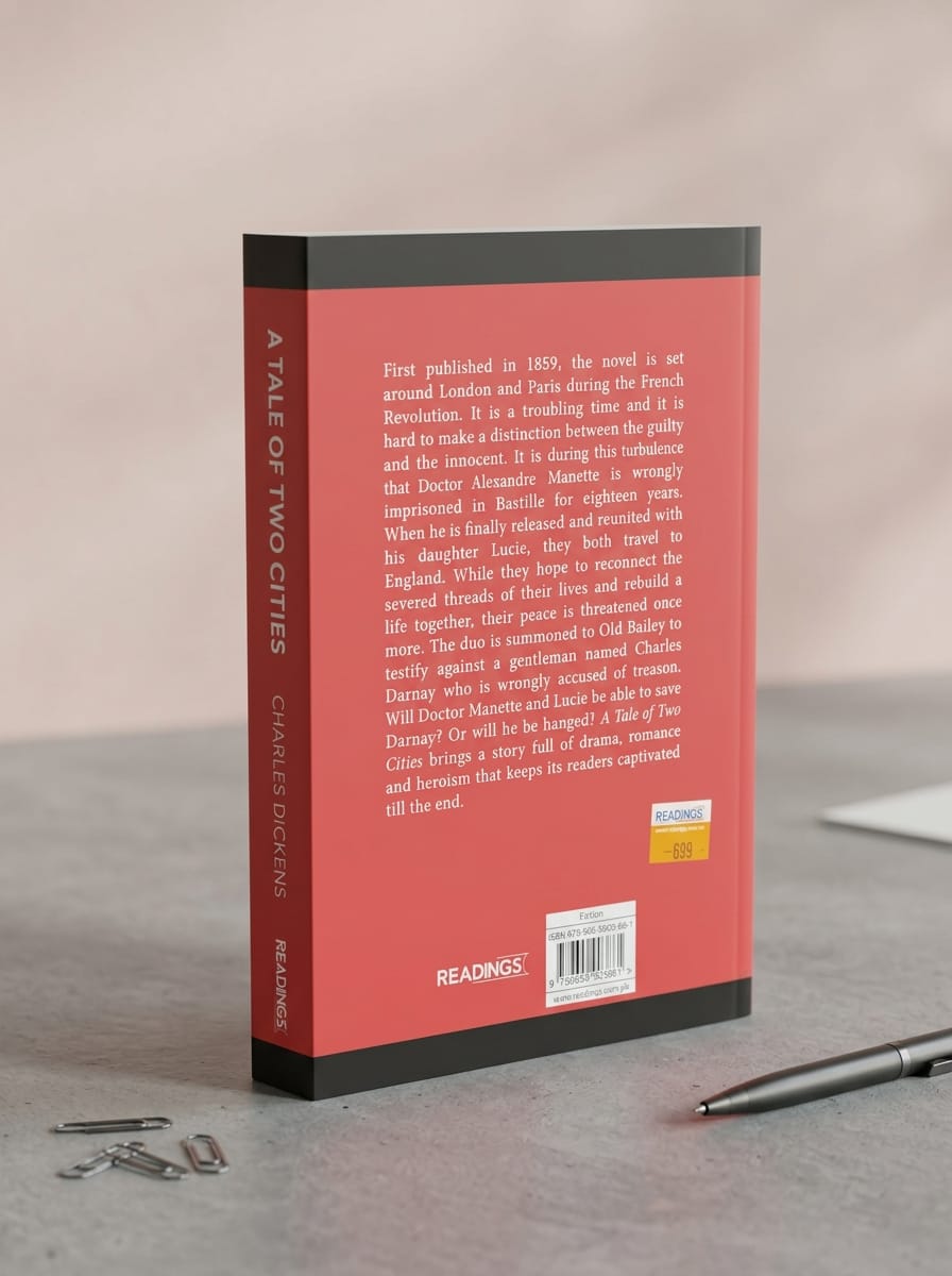 Book with red back cover and black spine on a gray surface