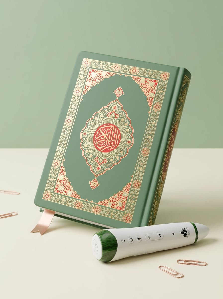 "Front view of AUR AK-786 Advance Talking Quran Pen set box featuring Mufti Taqi Usmani translation, HD Sound, 8 hours battery, Type-C charging, and 32GB storage badges."
