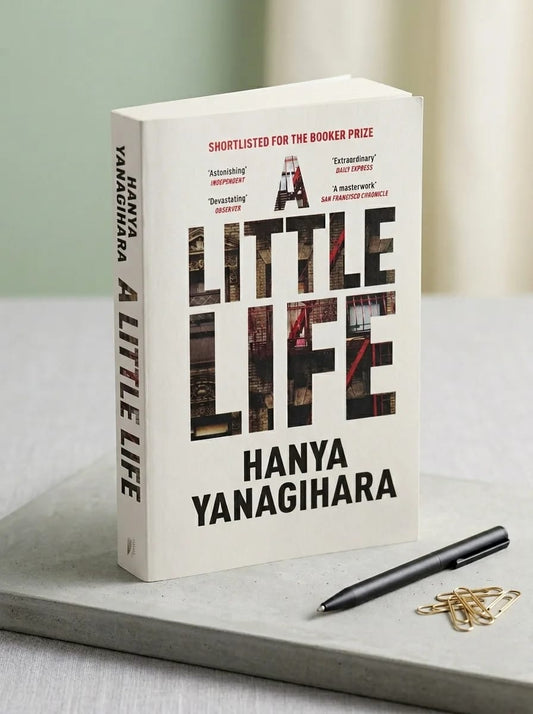 Book titled 'A Little Life' by Hanya Yanagihara on a table with a pen and keys.