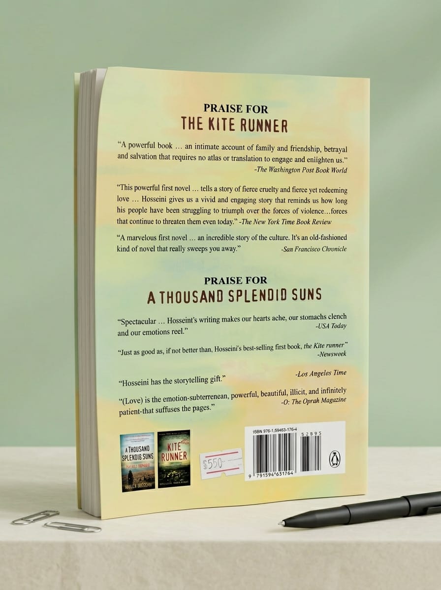 Book back cover with text and images of other books on a light green background