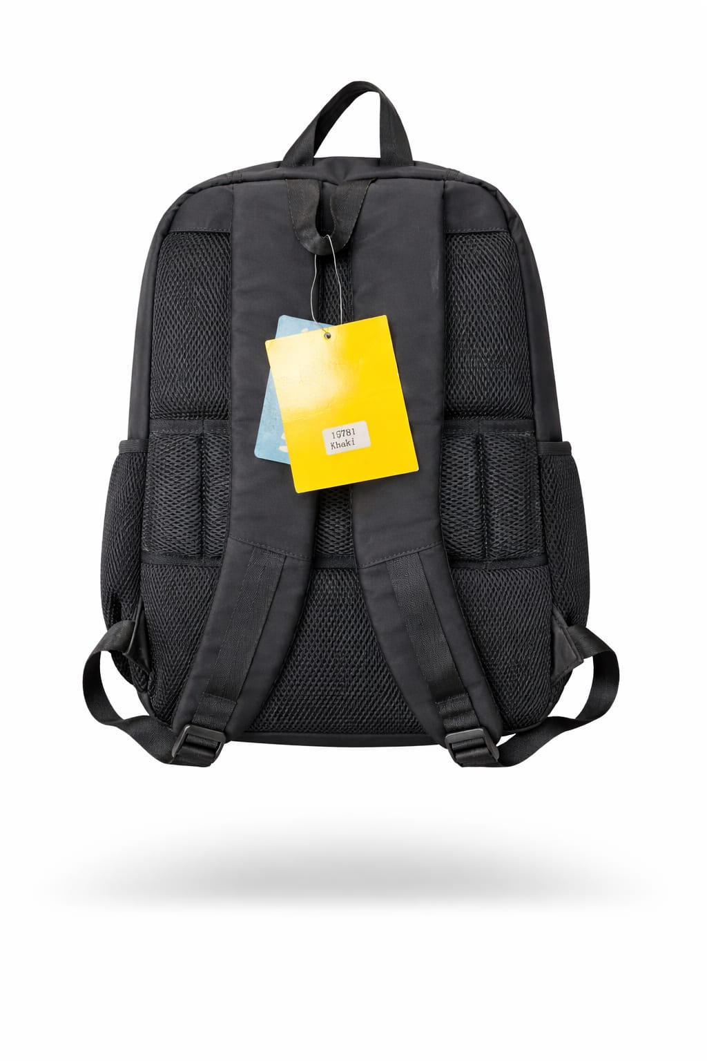 "Back view of black backpack showing padded mesh shoulder straps, breathable mesh back panel for comfort, adjustable straps with buckles, top carry handle, and yellow product tag"
