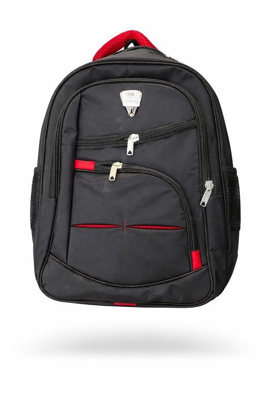 "Black backpack with red accents featuring multiple zippered compartments, mesh side pockets, silver zippers with red trim details, front organizational pockets, and reinforced carry handle on white background"