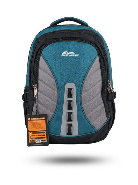 "Front view of Camel Mountain teal and gray backpack with black trim, multiple zippered compartments, side storage pockets, central elastic loops, and orange feature tag on white background"
