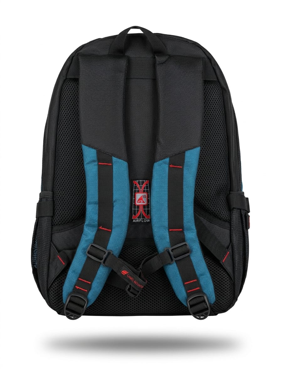 "Back view of Camel Mountain backpack showing black mesh airflow back panel, teal padded shoulder straps, adjustable chest strap with brand logo, and side compression buckles"
