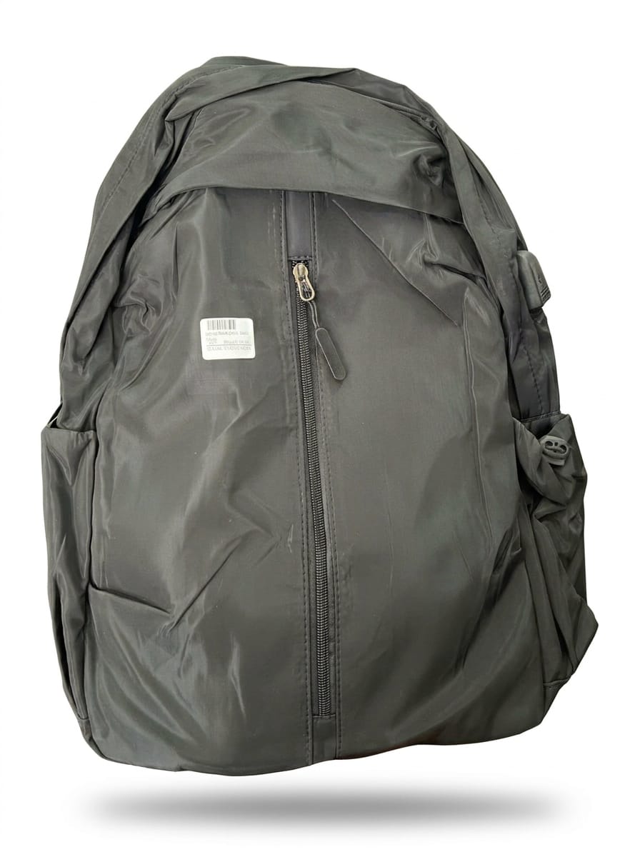 "Front view of charcoal gray minimalist backpack featuring a central vertical zipper, side pockets with black buckle closures, smooth water-resistant nylon exterior, and white product tag on white background"
