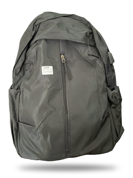 "Front view of charcoal gray minimalist backpack featuring a central vertical zipper, side pockets with black buckle closures, smooth water-resistant nylon exterior, and white product tag on white background"
