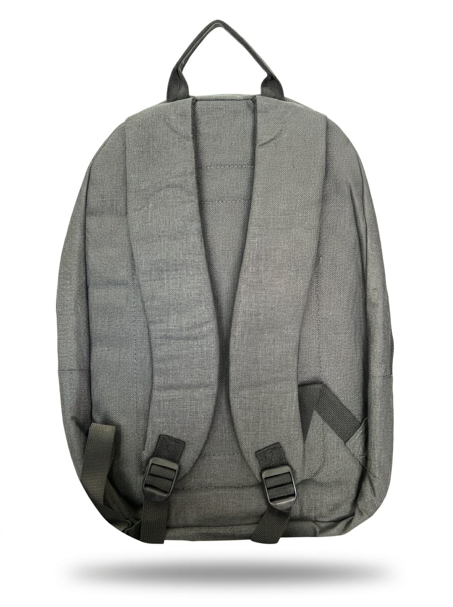 "Back view of charcoal and heather gray backpack showing padded ergonomic shoulder straps, textured breathable back panel, adjustable black plastic buckles, and reinforced top carry handle"
