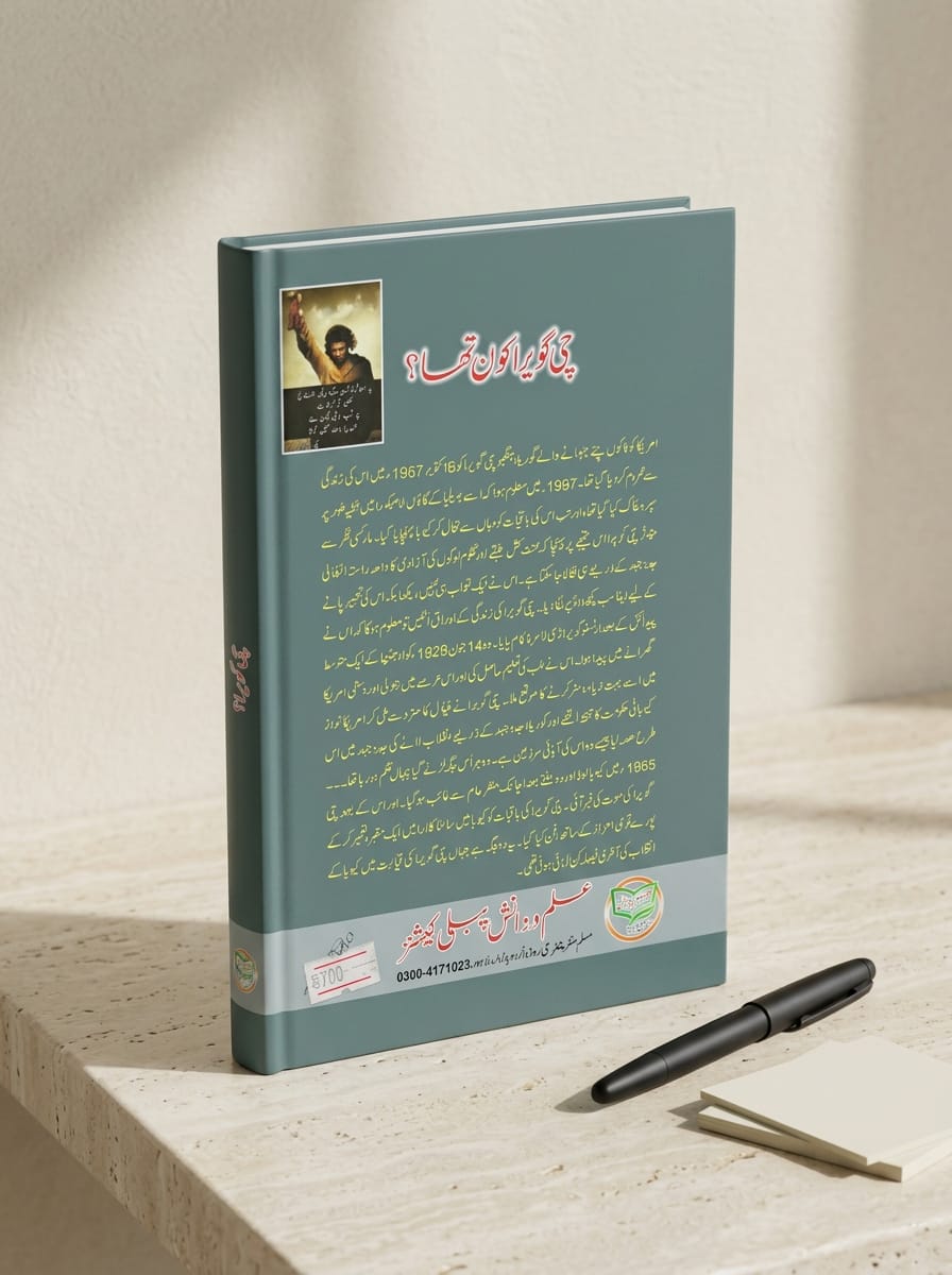 "Back cover of Che Guevara Ki Diary showing Urdu text biography titled 'Che Guevara Kaun Tha?' (Who Was Che Guevara?), describing his 1952 motorcycle journey, revolution, and life, with price tag 700 PKR and black pen nearby"