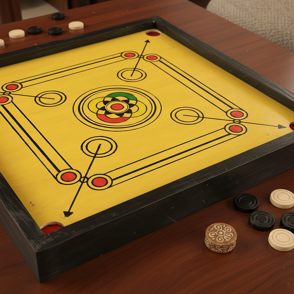 "Traditional wooden carrom board with yellow playing surface, black frame, red corner pockets, and center queen circle design, displayed on mahogany table with black and white carrom coins and decorative striker piece scattered around the board"