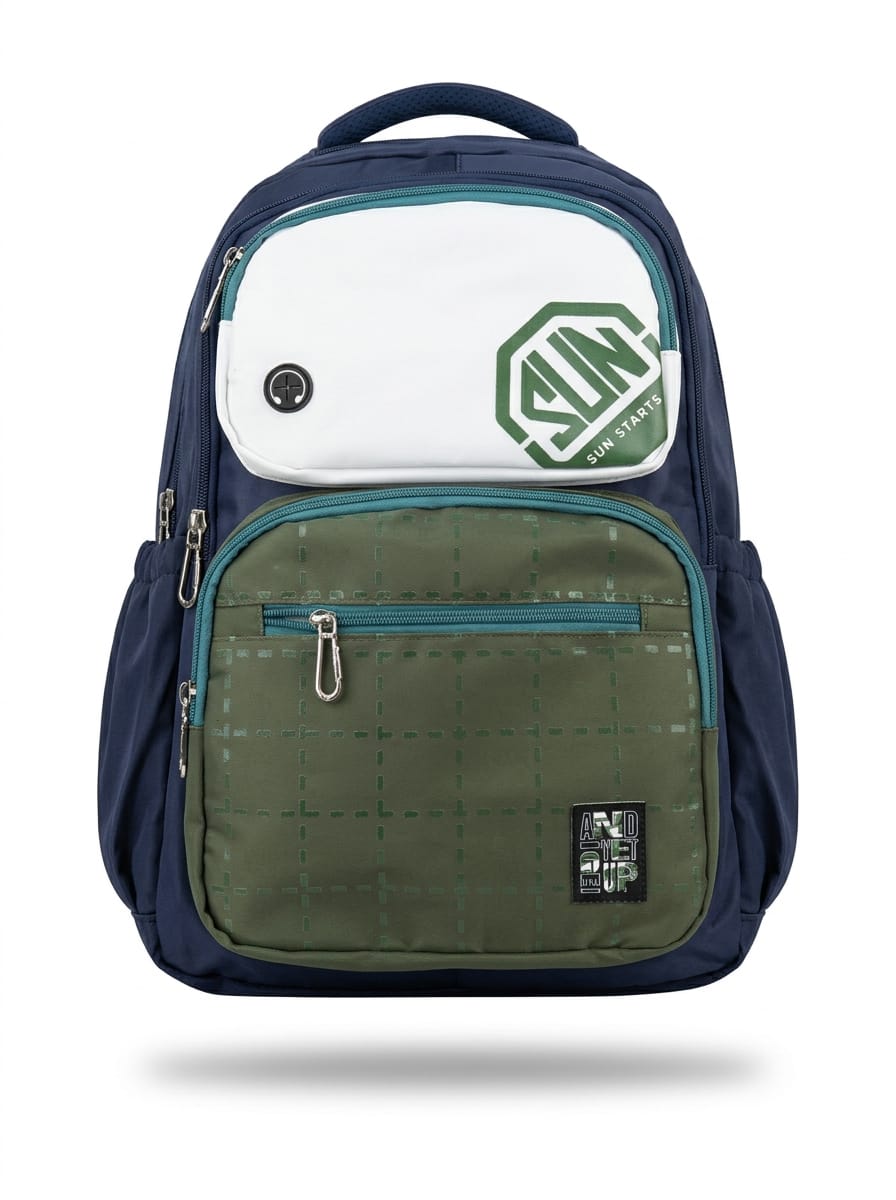 "Front view of navy, white, and olive green color-block backpack featuring multiple zippered compartments, headphone port symbol, Sun Starts logo on white pocket, grid-pattern lower pocket with And Met Up patch, and teal zipper accents"
