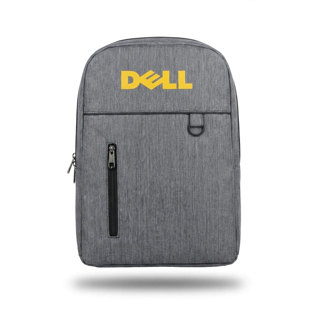 "Front view of grey heather Dell backpack with yellow logo, vertical front zipper pocket, and fabric loop detail by Malik Stationery"