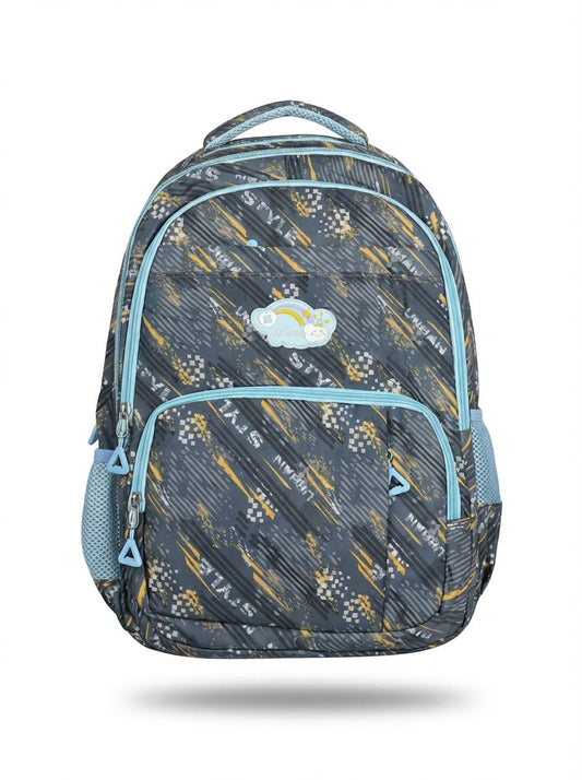 Front view: "Digital camo school backpack in dark grey with yellow pixelated pattern, light blue zippers, cute cloud and rainbow patch, and multiple compartments on white background"