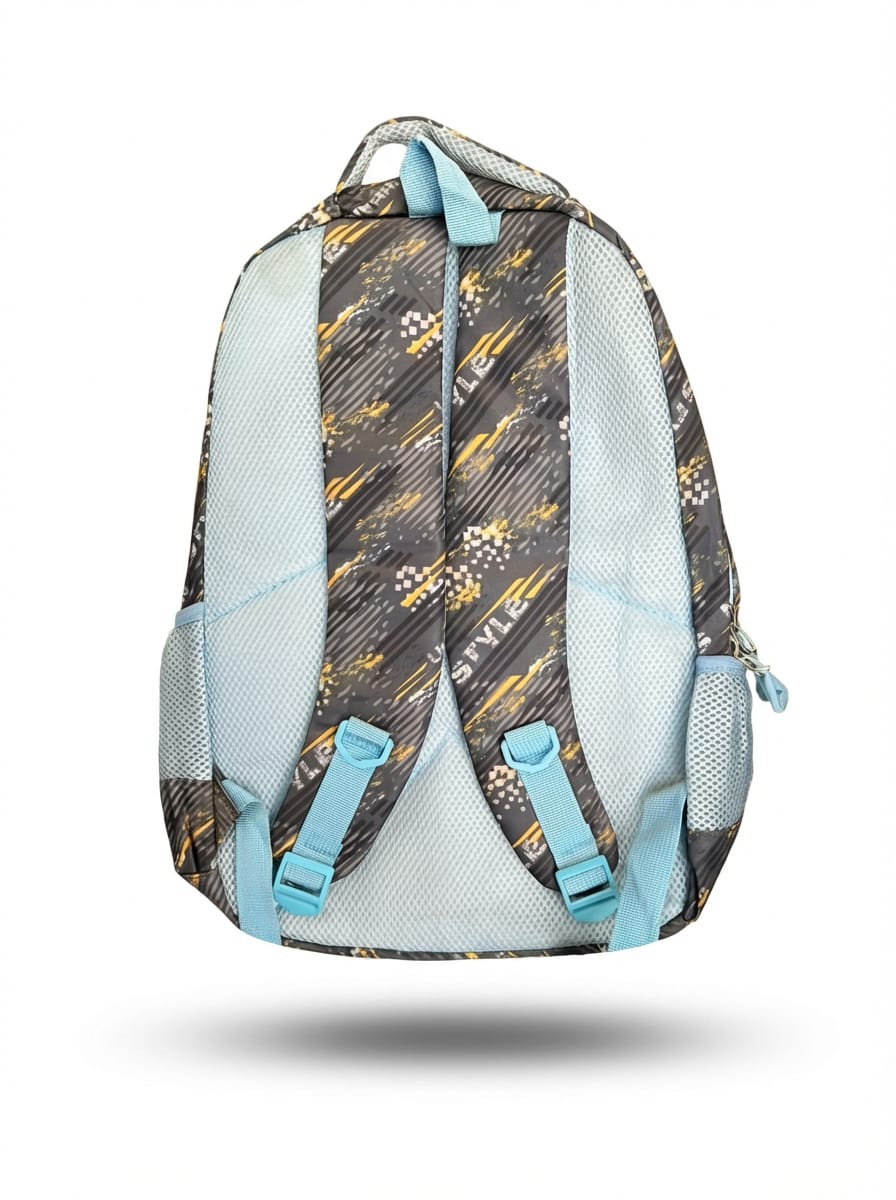 Back view: "Back view of digital camo backpack showing light blue padded shoulder straps, breathable mesh back panel, and adjustable buckles"
