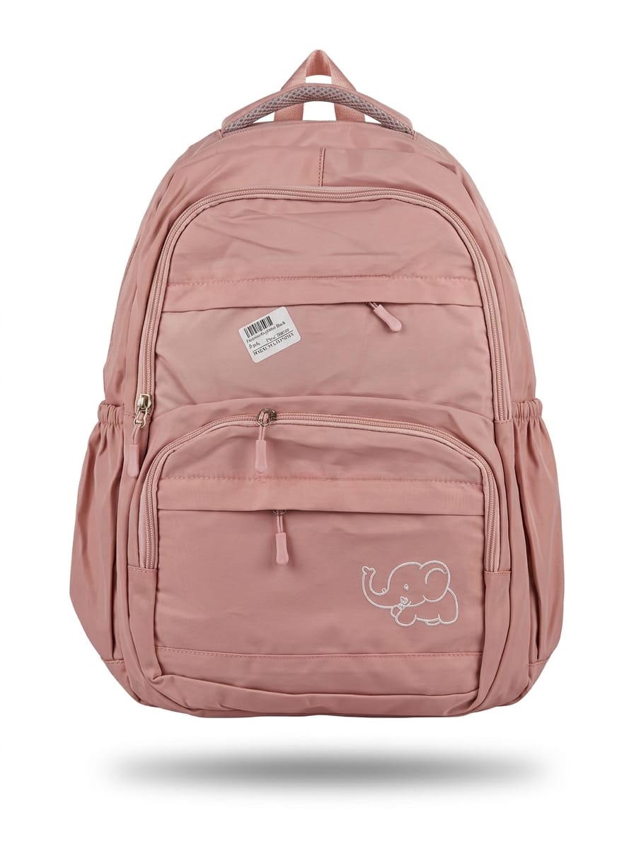 "Dusty rose pink backpack front view featuring white embroidered elephant logo, multiple zippered compartments, elastic side pockets, and top carry handle on white background"
