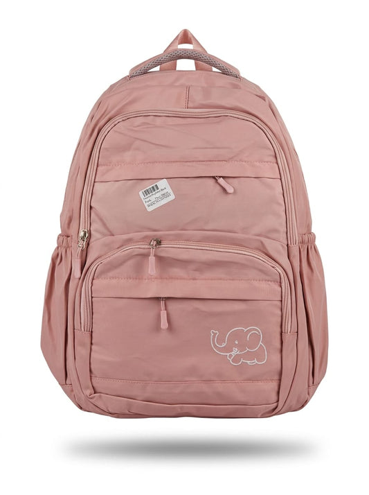 "Dusty rose pink backpack front view featuring white embroidered elephant logo, multiple zippered compartments, elastic side pockets, and top carry handle on white background"
