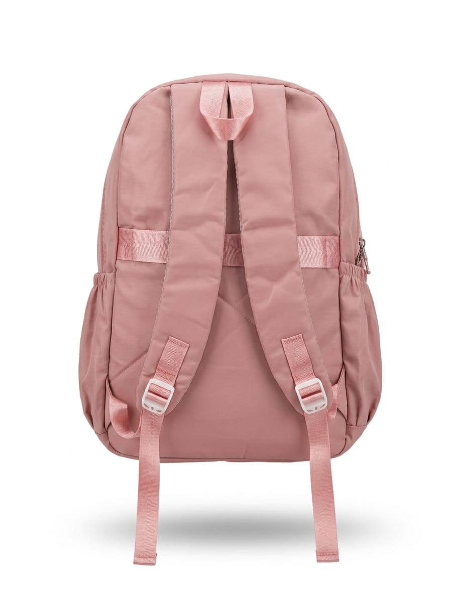 "Back view of dusty rose pink backpack showing padded adjustable shoulder straps with white plastic buckles, reinforced back panel, and mesh top handle"
