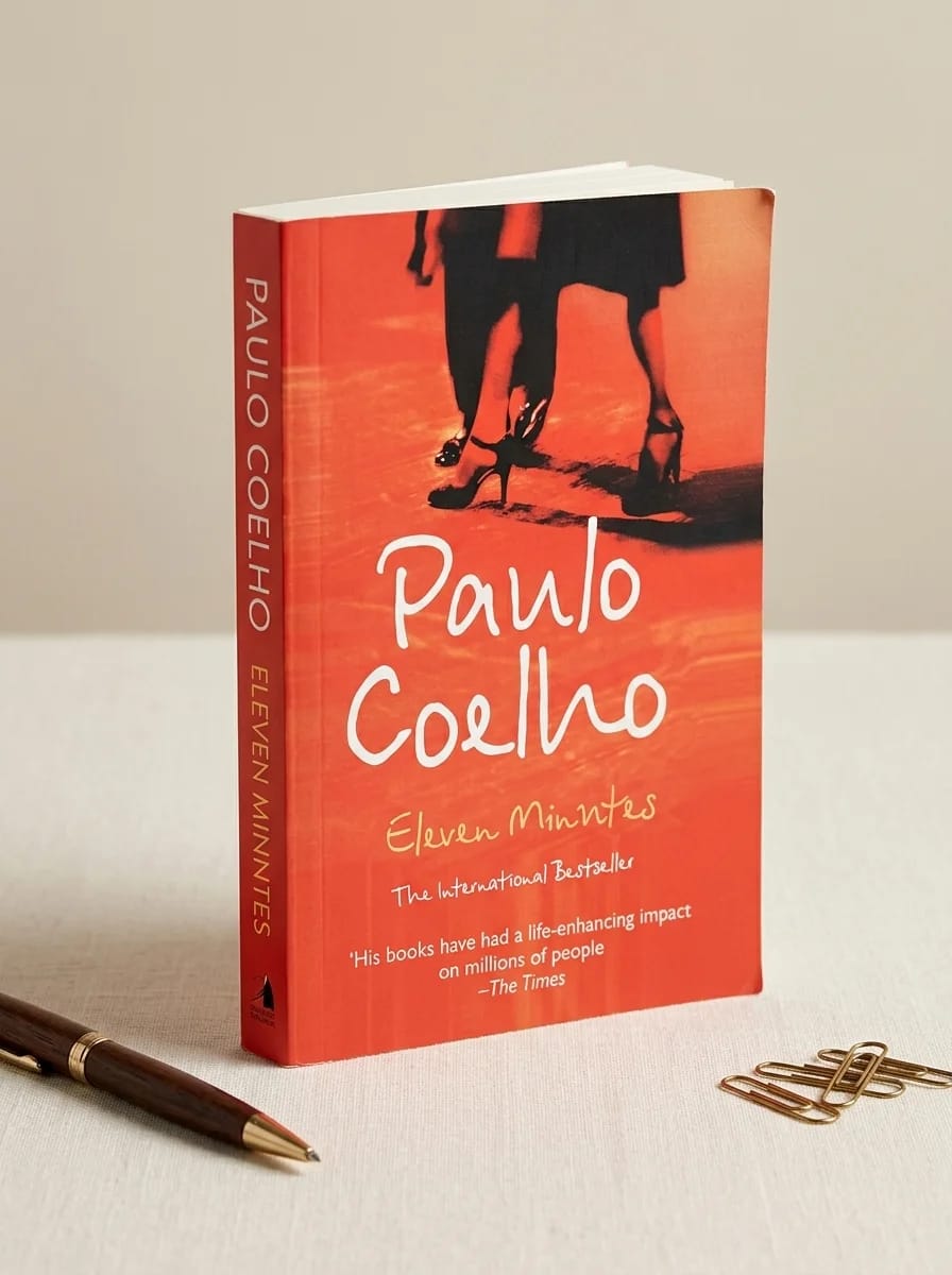 Book titled 'Eleven Minutes' by Paulo Coelho on a beige surface with a pen and paper clips.